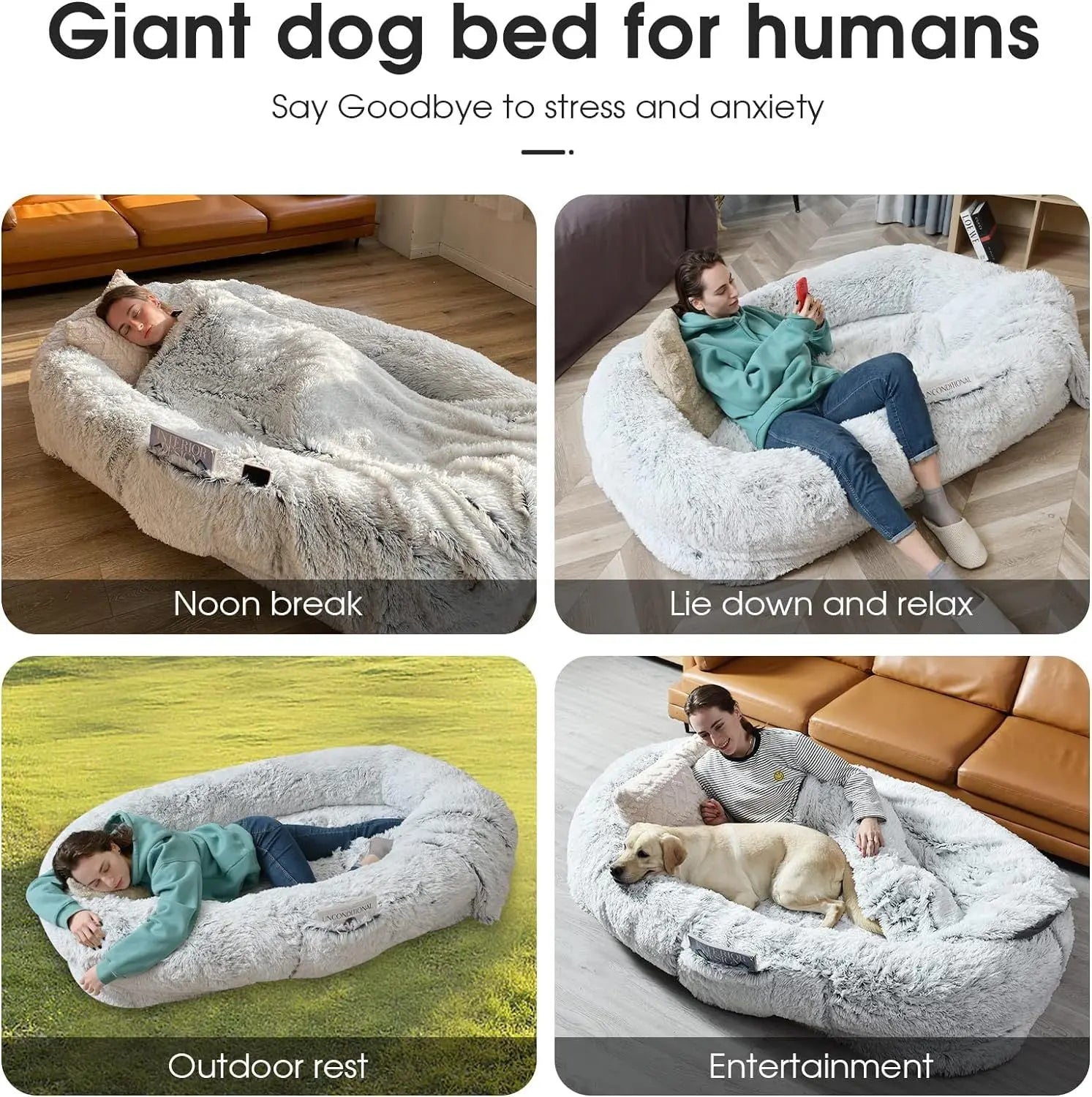 Large Noblias orthopedic human dog bed in light gray with plush, cozy lounger design for relaxing comfort.