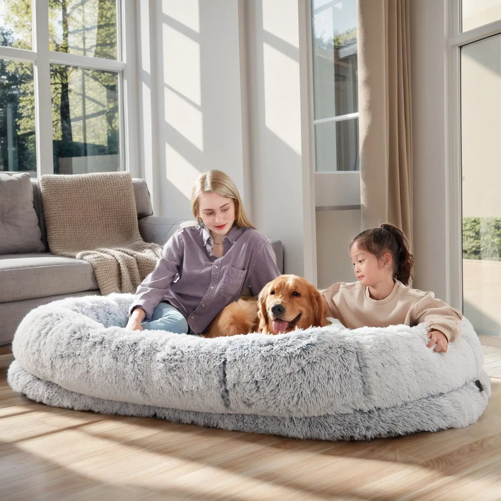 Light gray Noblias orthopedic human dog bed in a large cozy lounger style, designed for relaxing and comfort.