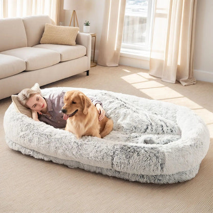 Light gray Noblias orthopedic human dog bed, large cozy lounger with plush cushioning for relaxing comfort.