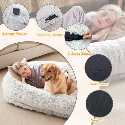 Light gray Noblias orthopedic human dog bed, large cozy lounger designed for relaxing and comfort.