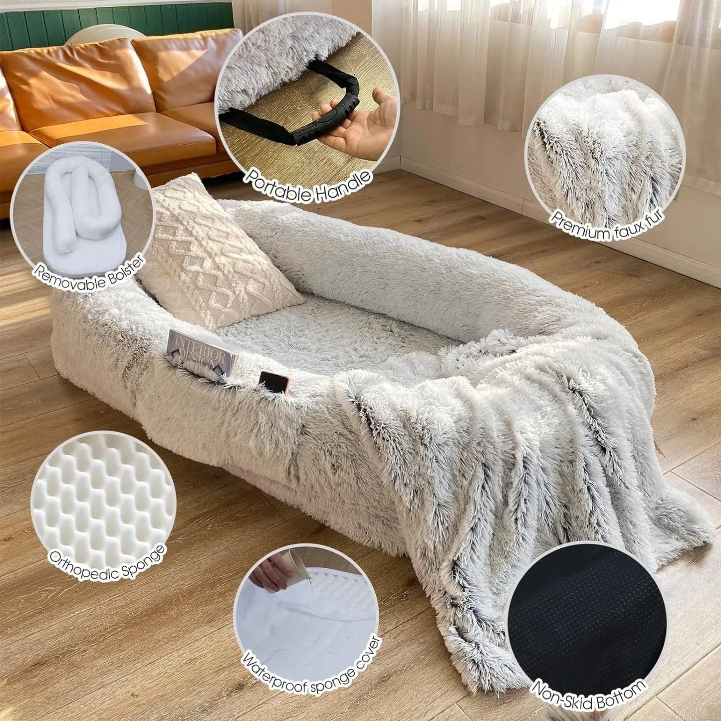 Large Noblias orthopedic human dog bed in light gray with plush, cozy surface, designed for comfortable relaxation.