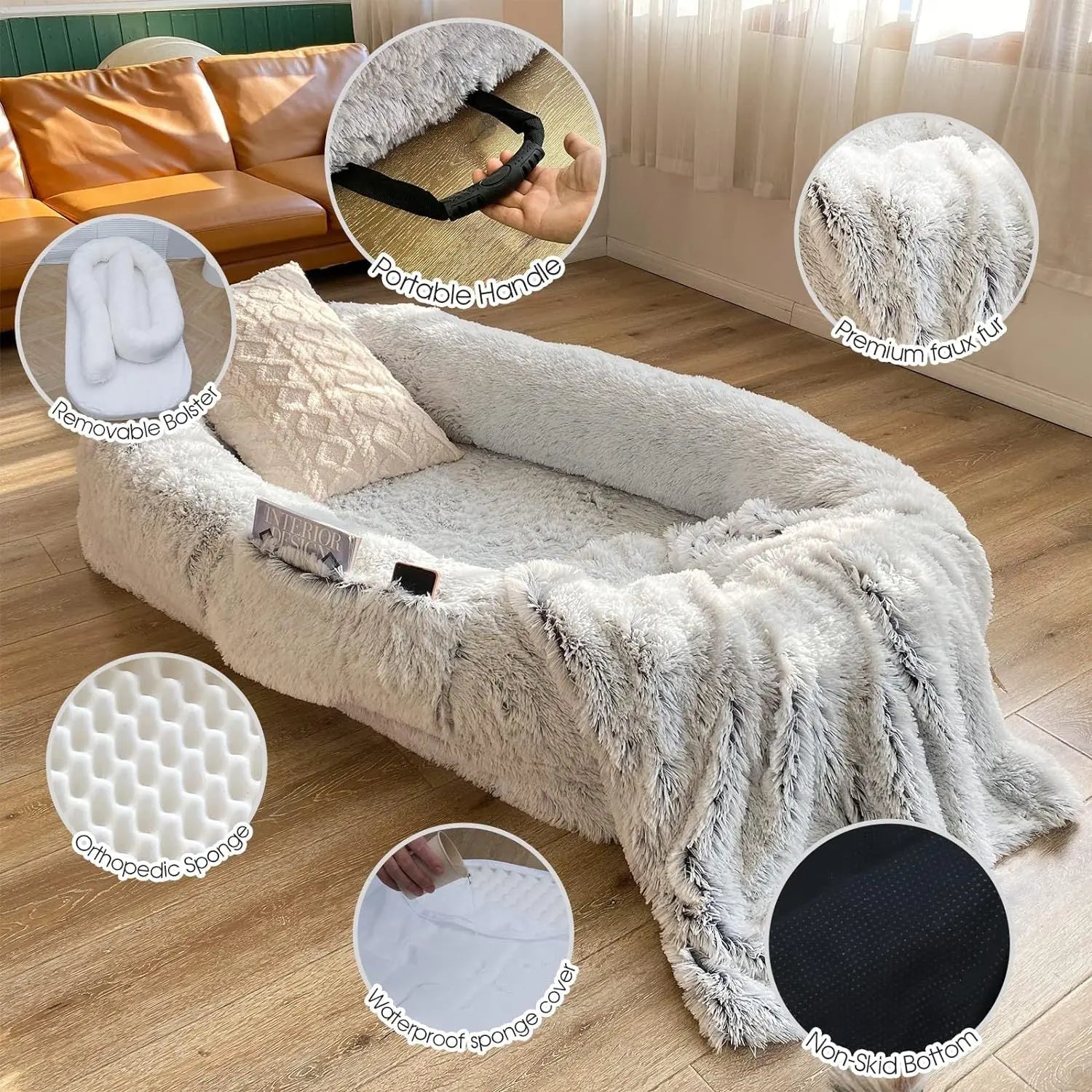 Large Noblias orthopedic human dog bed in light gray with plush, cozy surface, designed for comfortable relaxation.