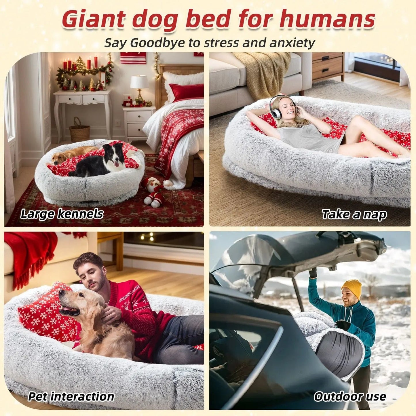 Large light gray Noblias orthopedic human dog bed with plush, cozy lounger for relaxing and comfort.