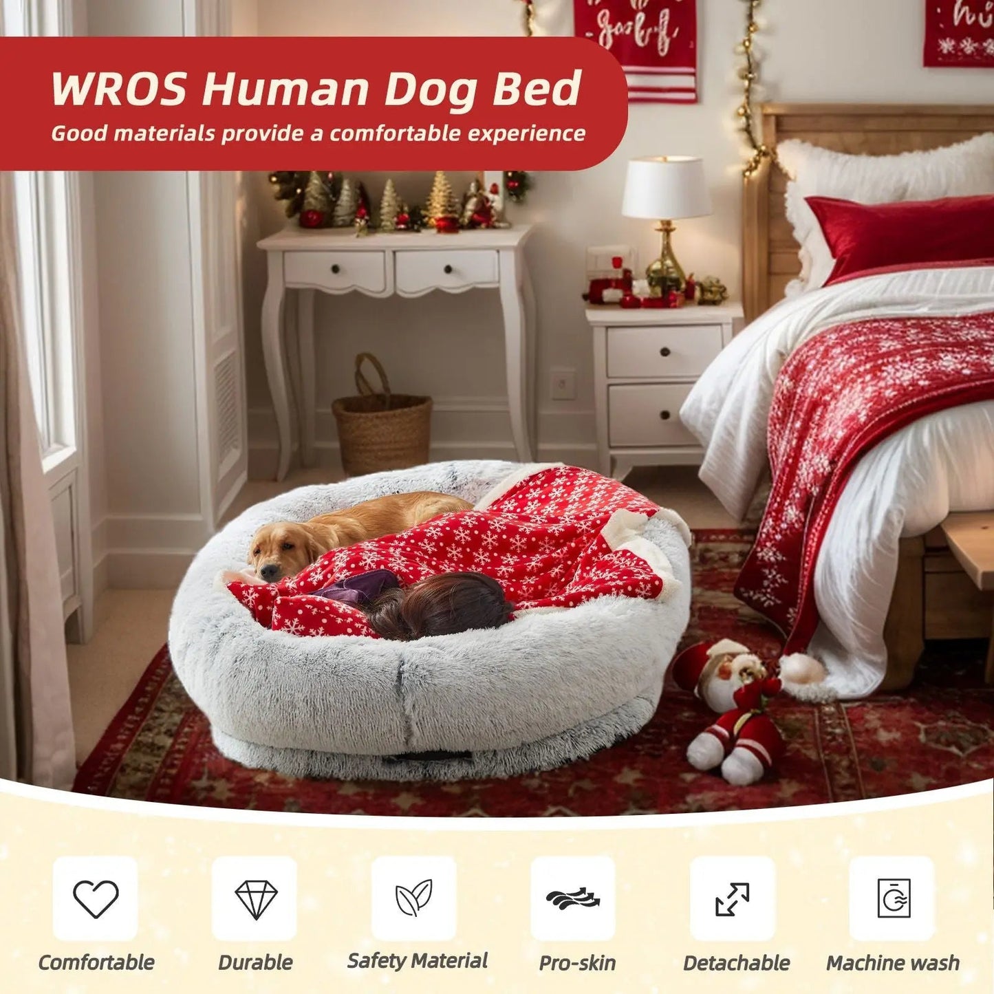 Large light gray Noblias orthopedic human dog bed with plush cushioning, designed as a cozy lounger for relaxing.
