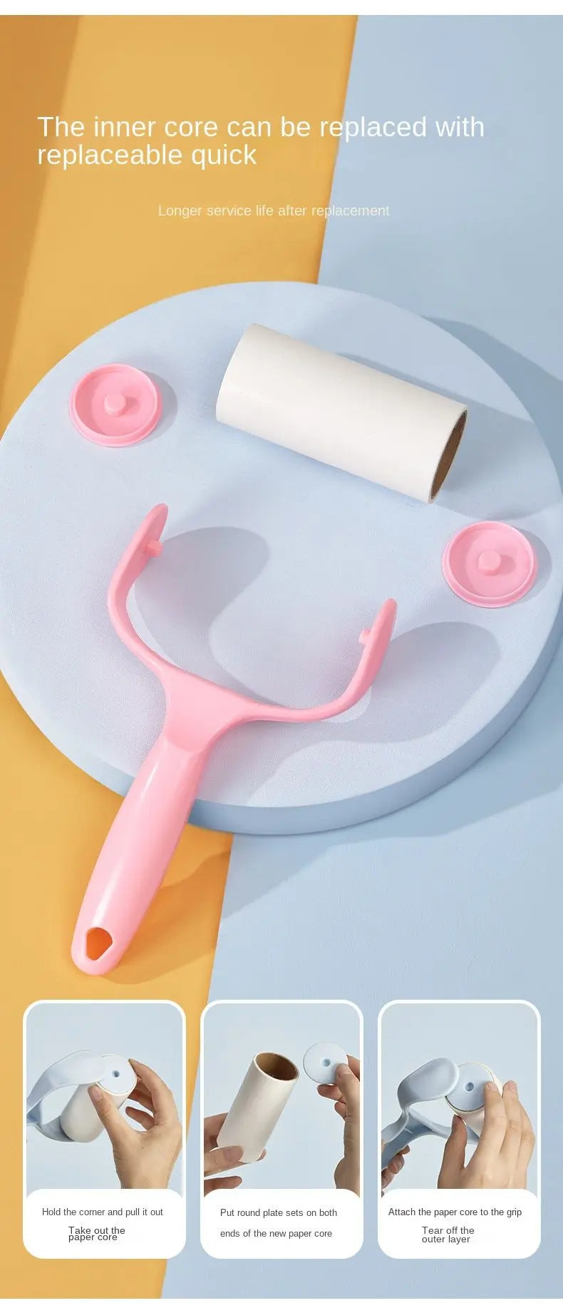 Pink lint roller for pet hair with a refill roll and caps, with three small steps for replacing the inner core.
