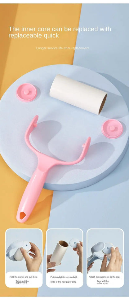 Pink lint roller for pet hair with a refill roll and caps, with three small steps for replacing the inner core.