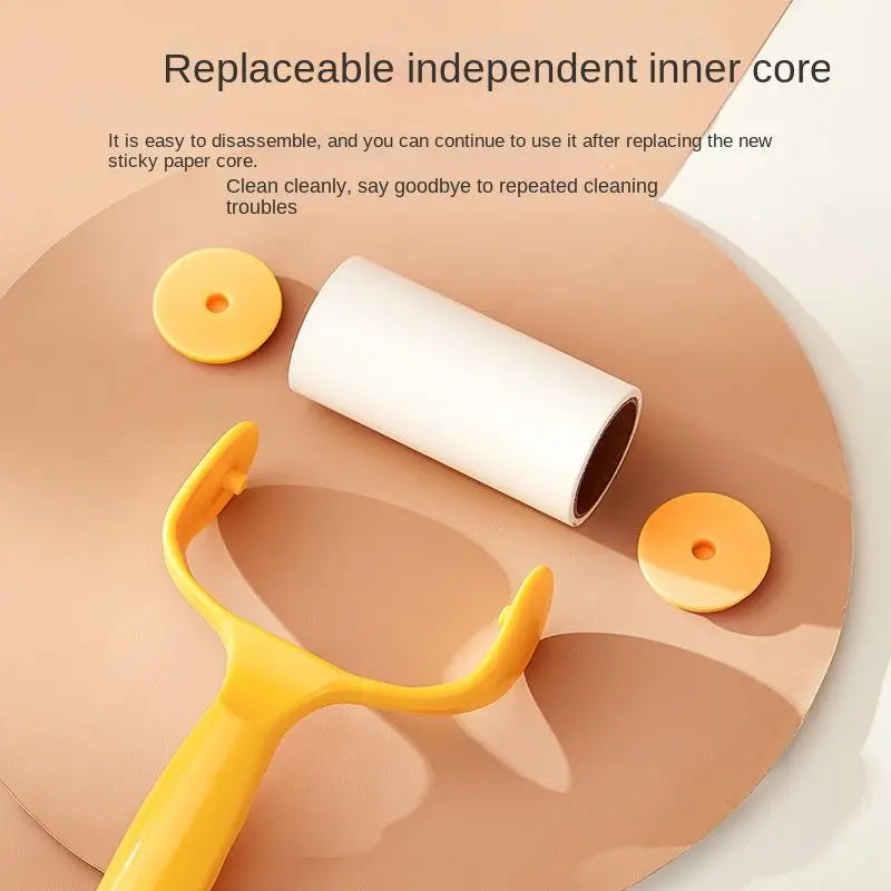Yellow lint roller for pet hair with a refill roll and its two end caps, captioned replaceable independent inner core.