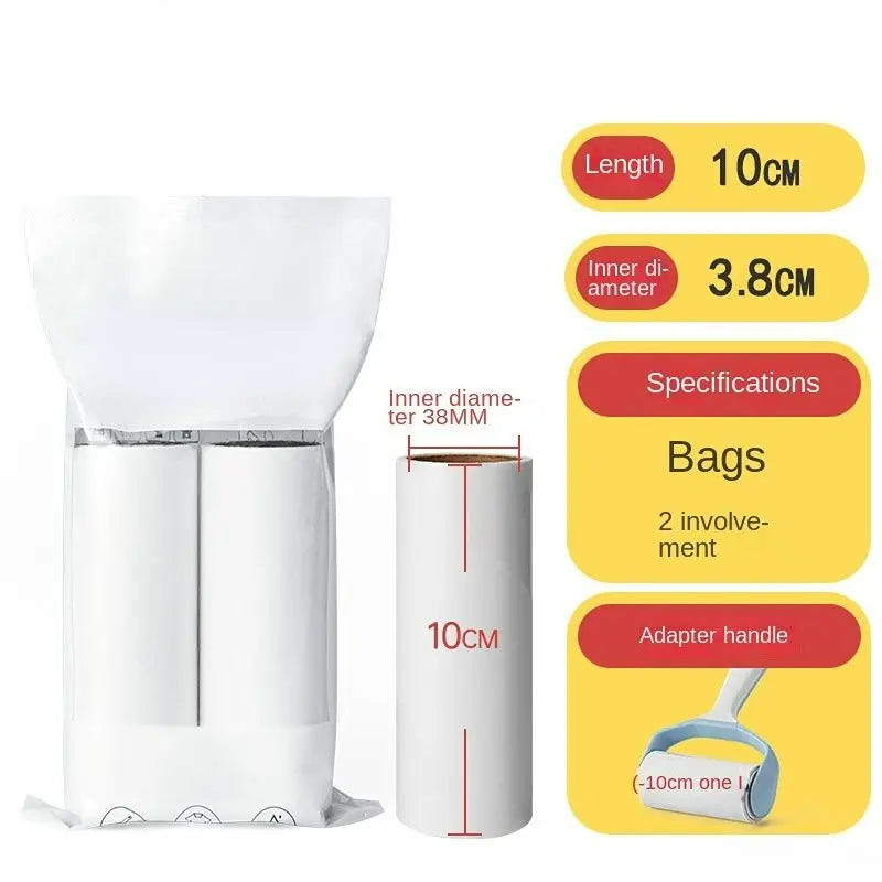 Lint roller for pet hair refill rolls with their 10 cm length and 3.8 cm inner diameter marked.