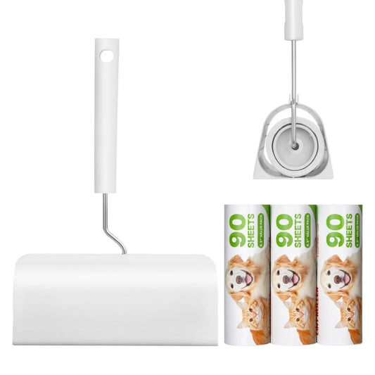 Noblias extra wide pet hair lint roller three pack with sticky rollers.