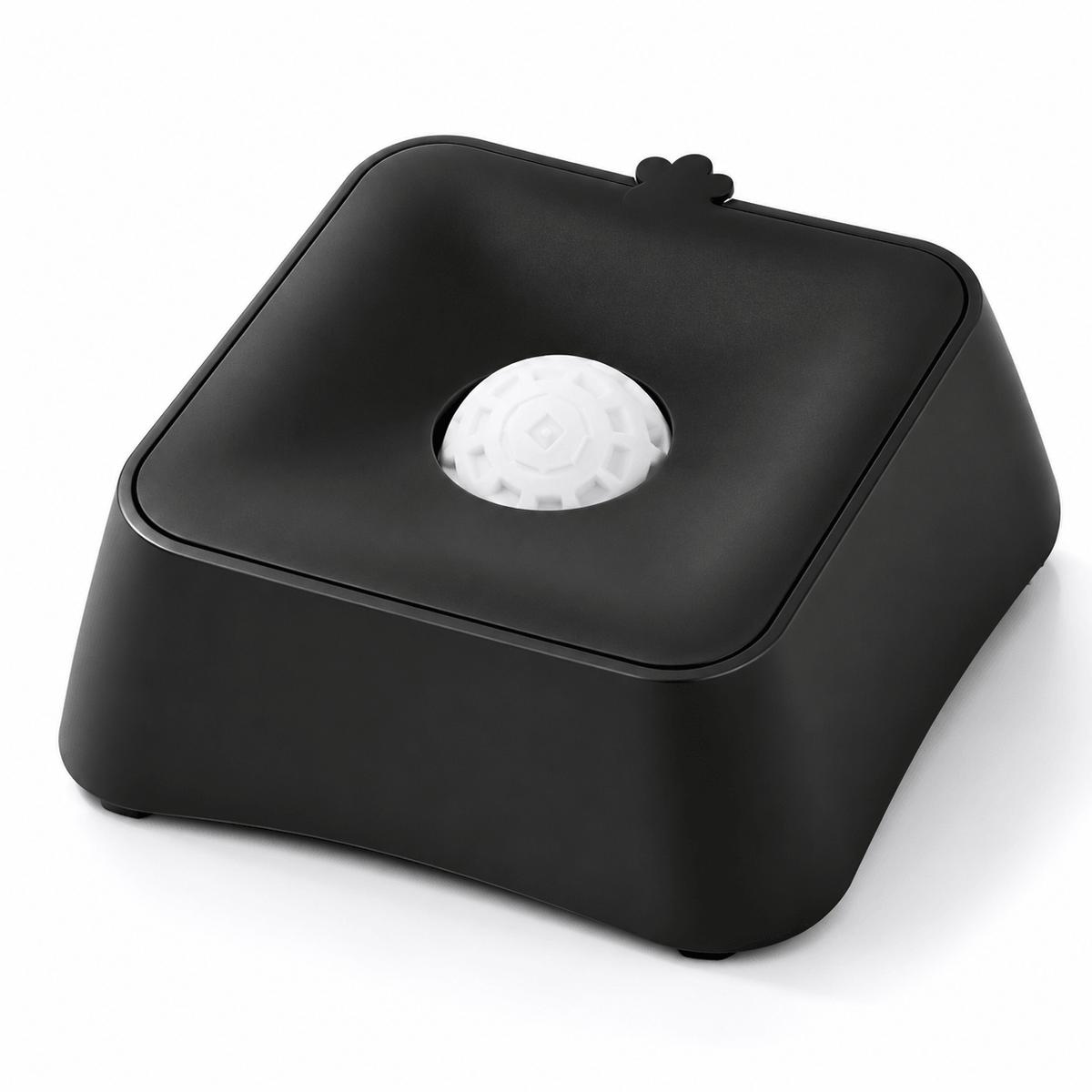 Black liquid slow feeder dog bowl with its lid closed and the rolling ball in the center.
