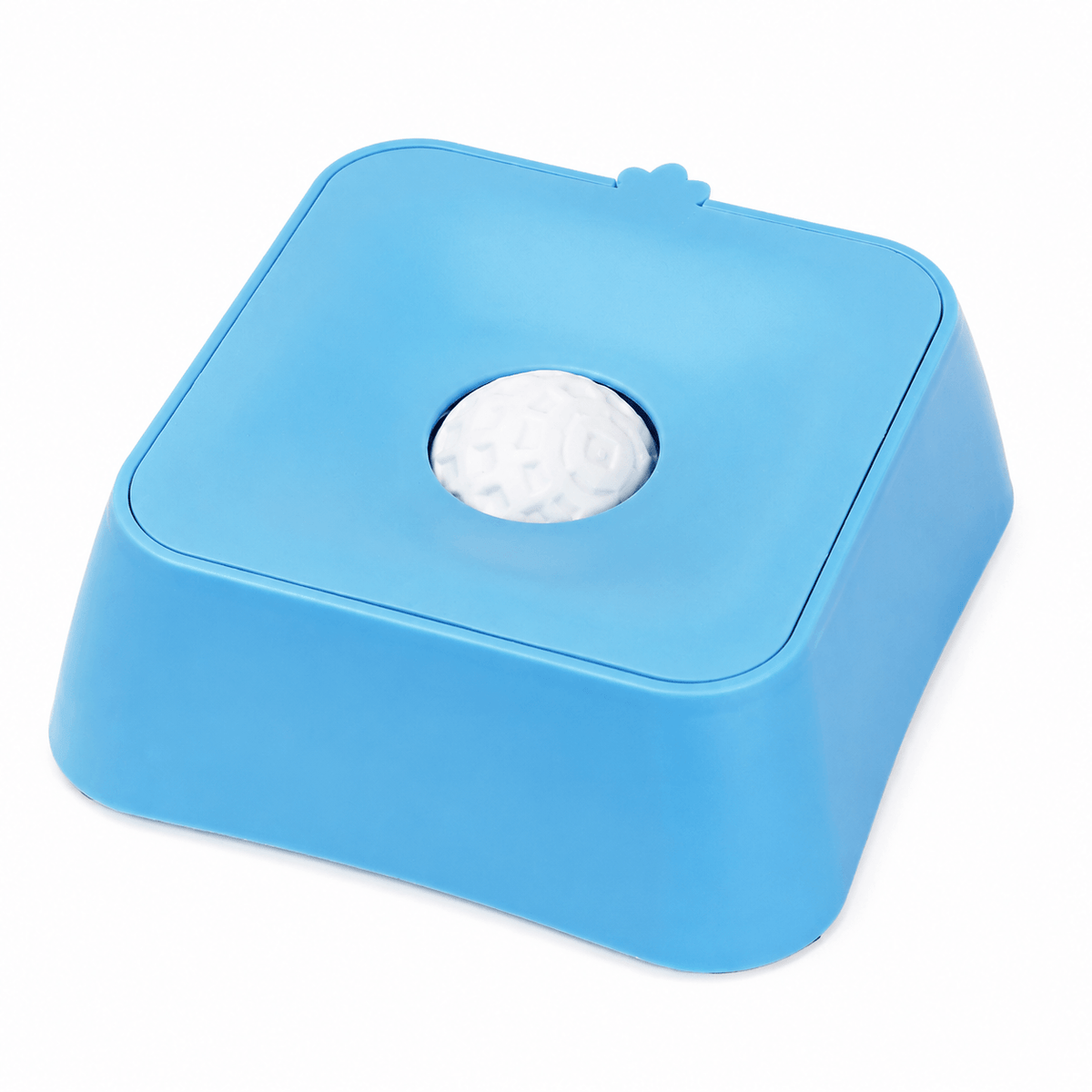 Blue liquid slow feeder dog bowl with its lid closed and the rolling ball in the center.