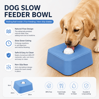Feature panel for the liquid slow feeder dog bowl: rolling ball inside, slower mealtimes, ABS and PP body and a non slip base, with the bowl drawn at eighteen by eighteen centimeters.