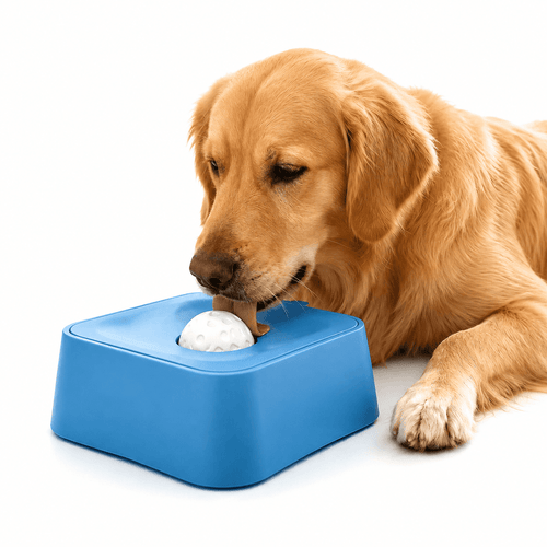 Golden retriever lying down and licking the rolling ball set into the blue liquid slow feeder dog bowl.
