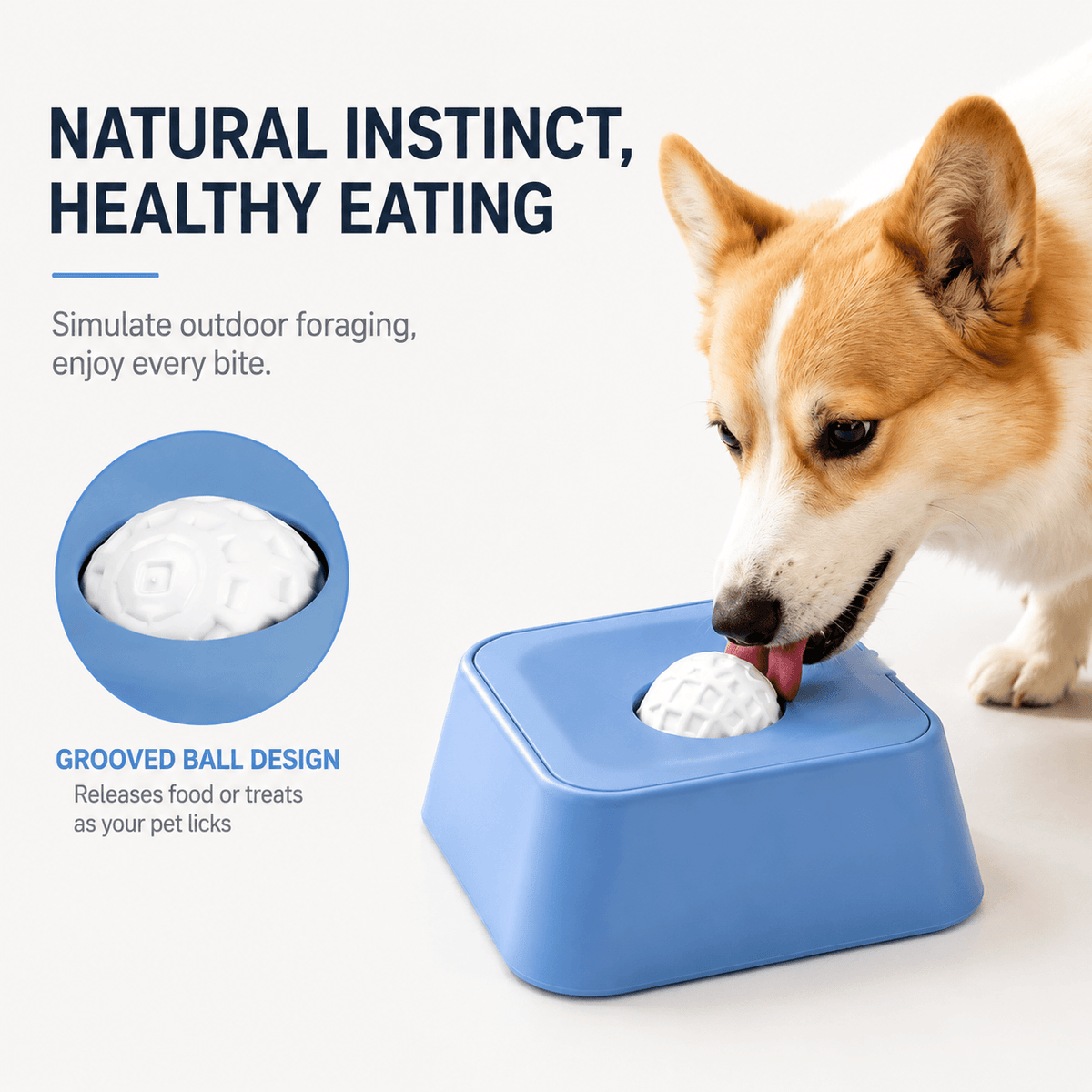 Shiba licking the liquid slow feeder bowl with a close up of the grooved ball that releases food as the pet licks.
