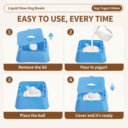 Four steps for the liquid slow feeder dog bowl: remove the lid, pour in the liquid food, place the ball and close the cover.
