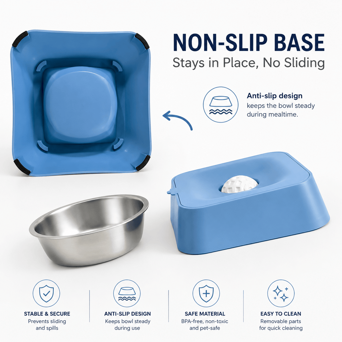 The liquid slow feeder bowl turned over to show the anti slip feet, beside its removable stainless steel inner bowl.