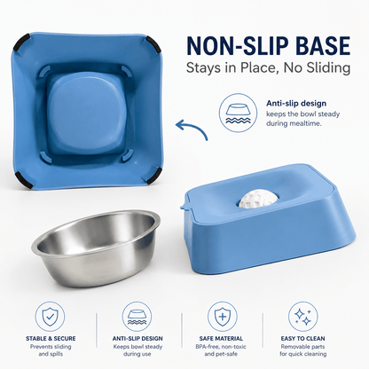 The liquid slow feeder bowl turned over to show the anti slip feet, beside its removable stainless steel inner bowl.