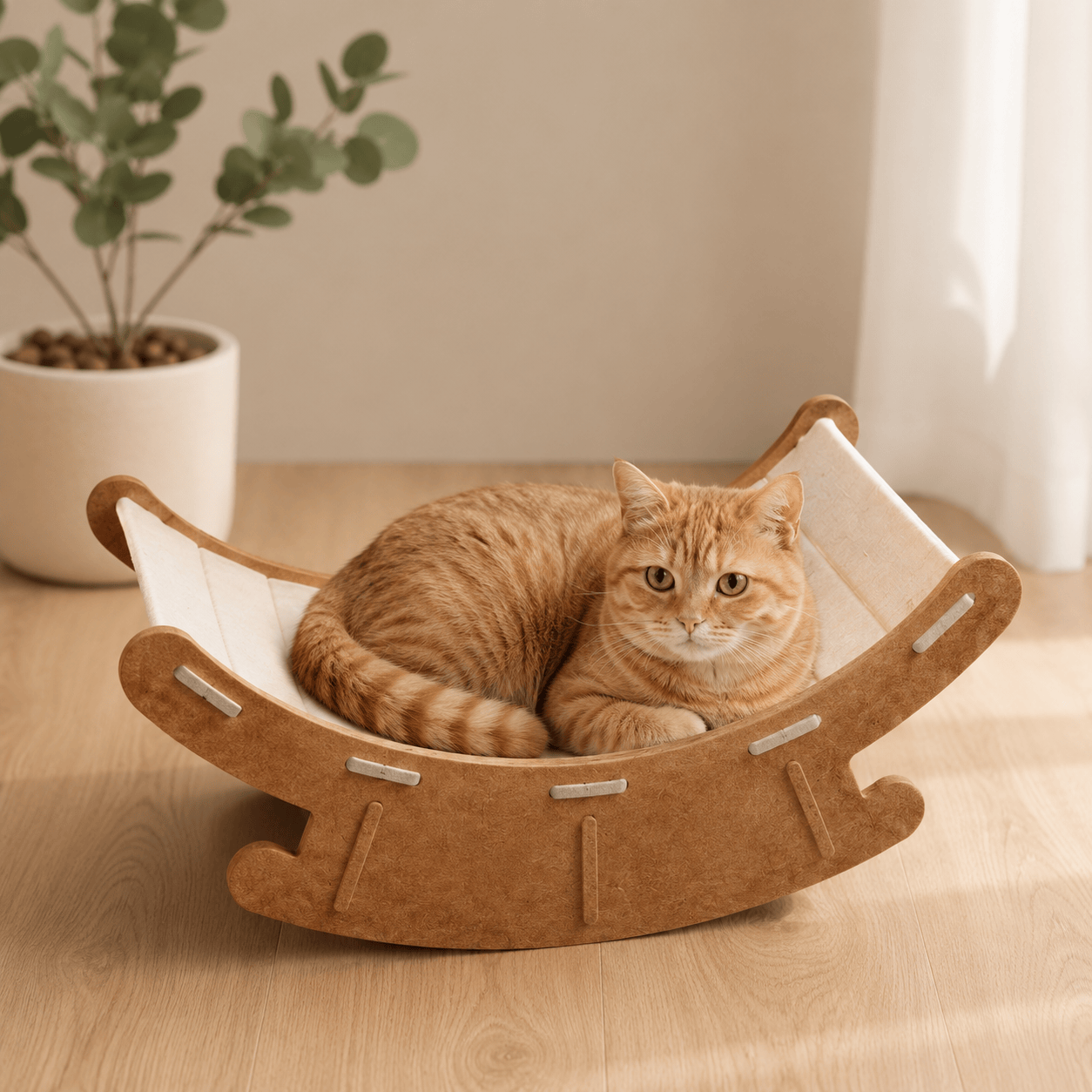 Noblias premium cat rocking bed and scratching lounge with soft cushions and sturdy scratching posts for cozy feline comfort.