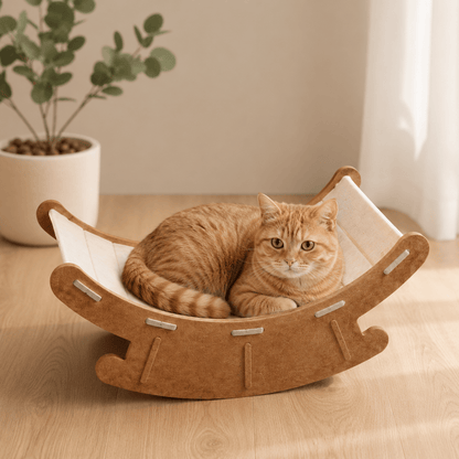Noblias premium cat rocking bed and scratching lounge with soft cushions and sturdy scratching posts for cozy feline comfort.