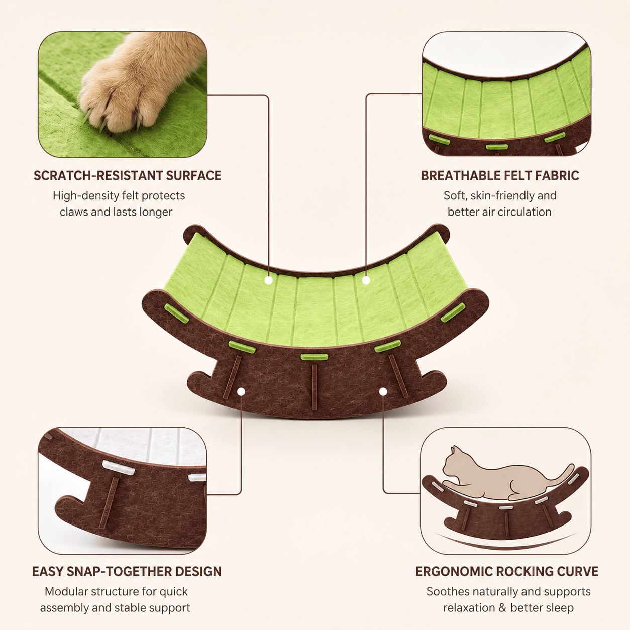 Noblias premium cat rocking bed and scratching lounge with soft fabric and sturdy structure for comfort and play.