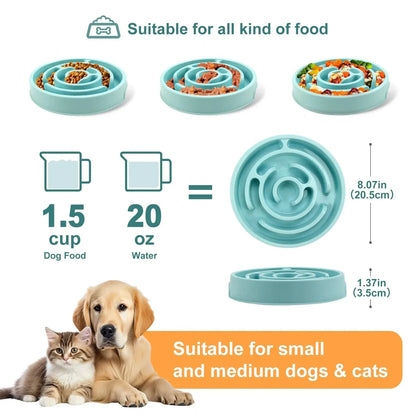 Maze slow feeder dog bowl filled with kibble, wet food and vegetables, with its 1.5 cup capacity, 20.5 cm width and 3.5 cm height marked.