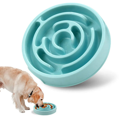 Macaron blue maze slow feeder dog bowl with a golden retriever eating from it.