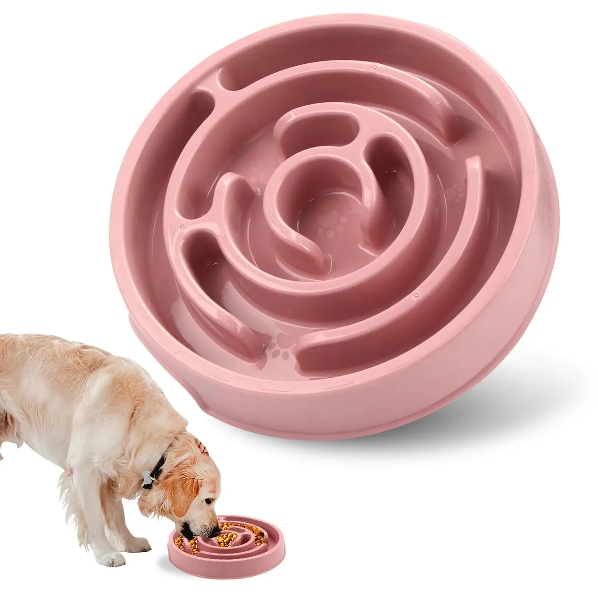 Macaron pink maze slow feeder dog bowl with a golden retriever eating from it.