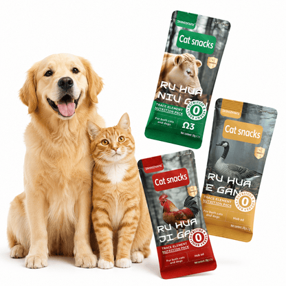 Golden retriever and ginger cat sitting beside three single-serve treat sachets in green red and gold