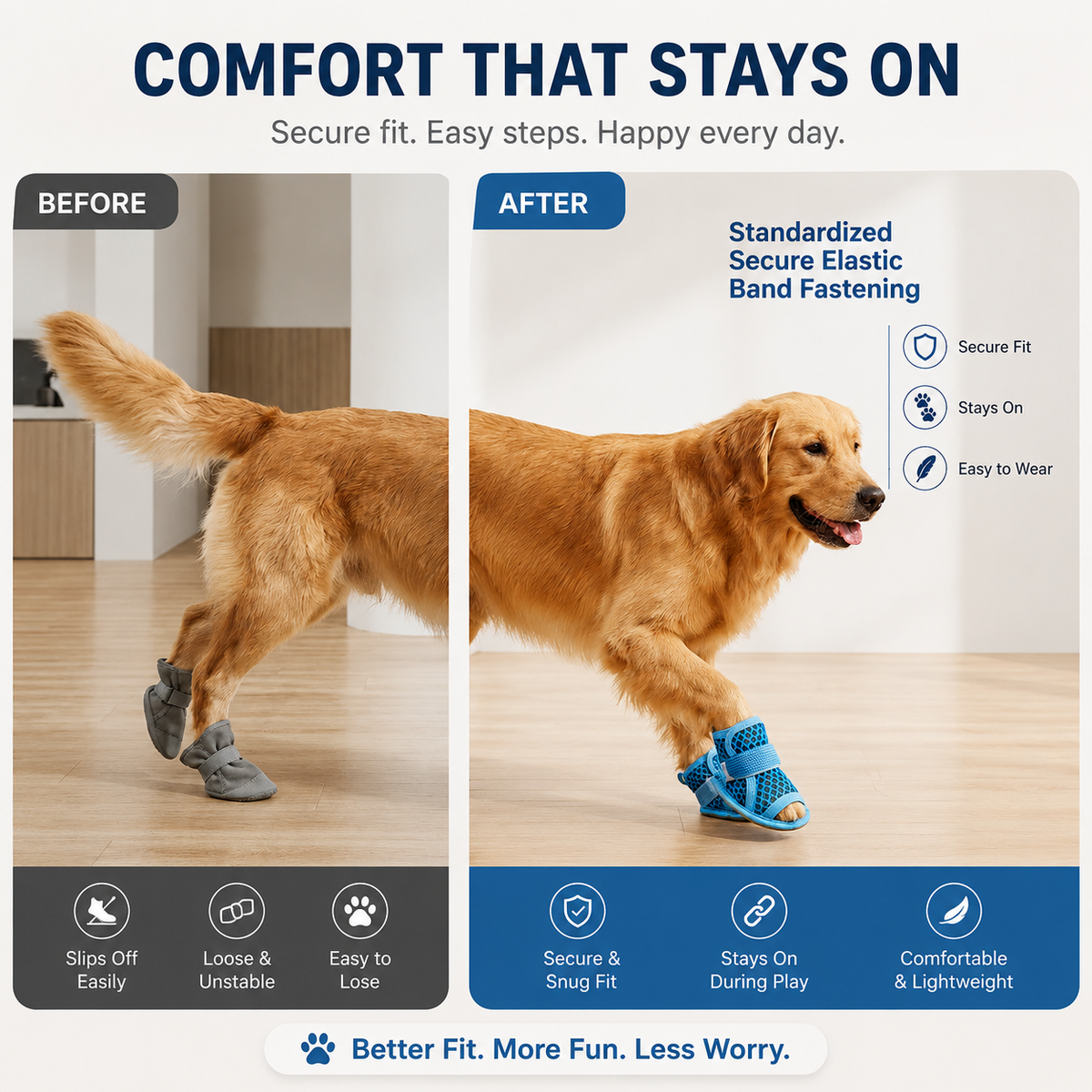 The elastic band fastening on the Noblias mesh dog sandals holding them on while a dog walks.