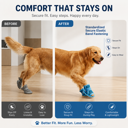 The elastic band fastening on the Noblias mesh dog sandals holding them on while a dog walks.