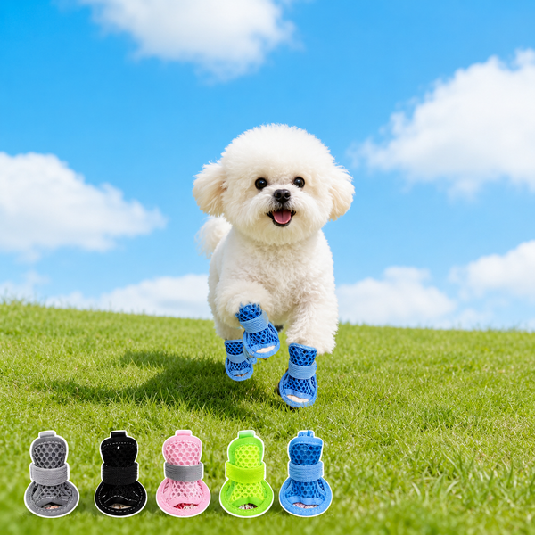 Small white dog running in blue Noblias mesh dog sandals, with the pink, black, gray, green and blue sets below.