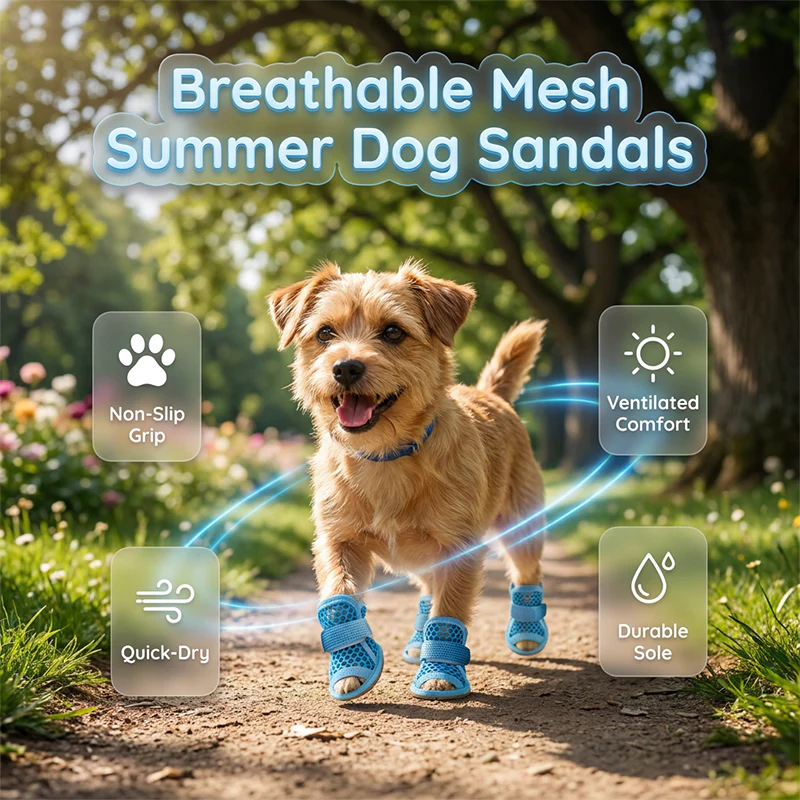 Terrier walking in blue Noblias mesh dog sandals, labeled non-slip grip, ventilated comfort, quick dry and durable sole.
