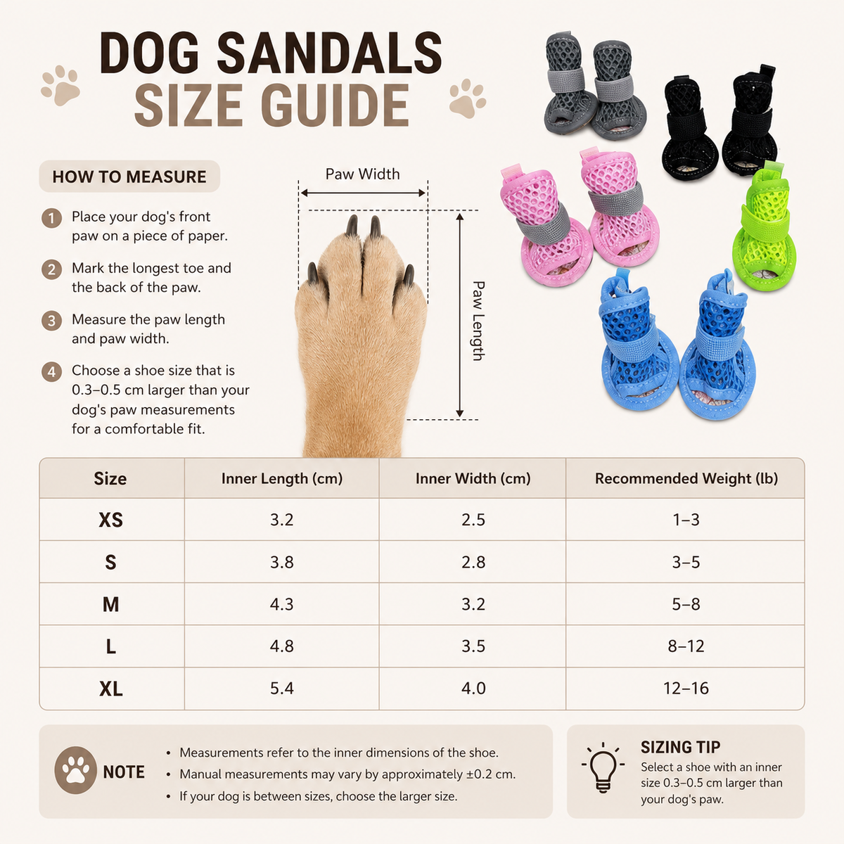 Size guide for the Noblias mesh dog sandals with inner length and width from XS to XL and weights from 1 to 16 lb.