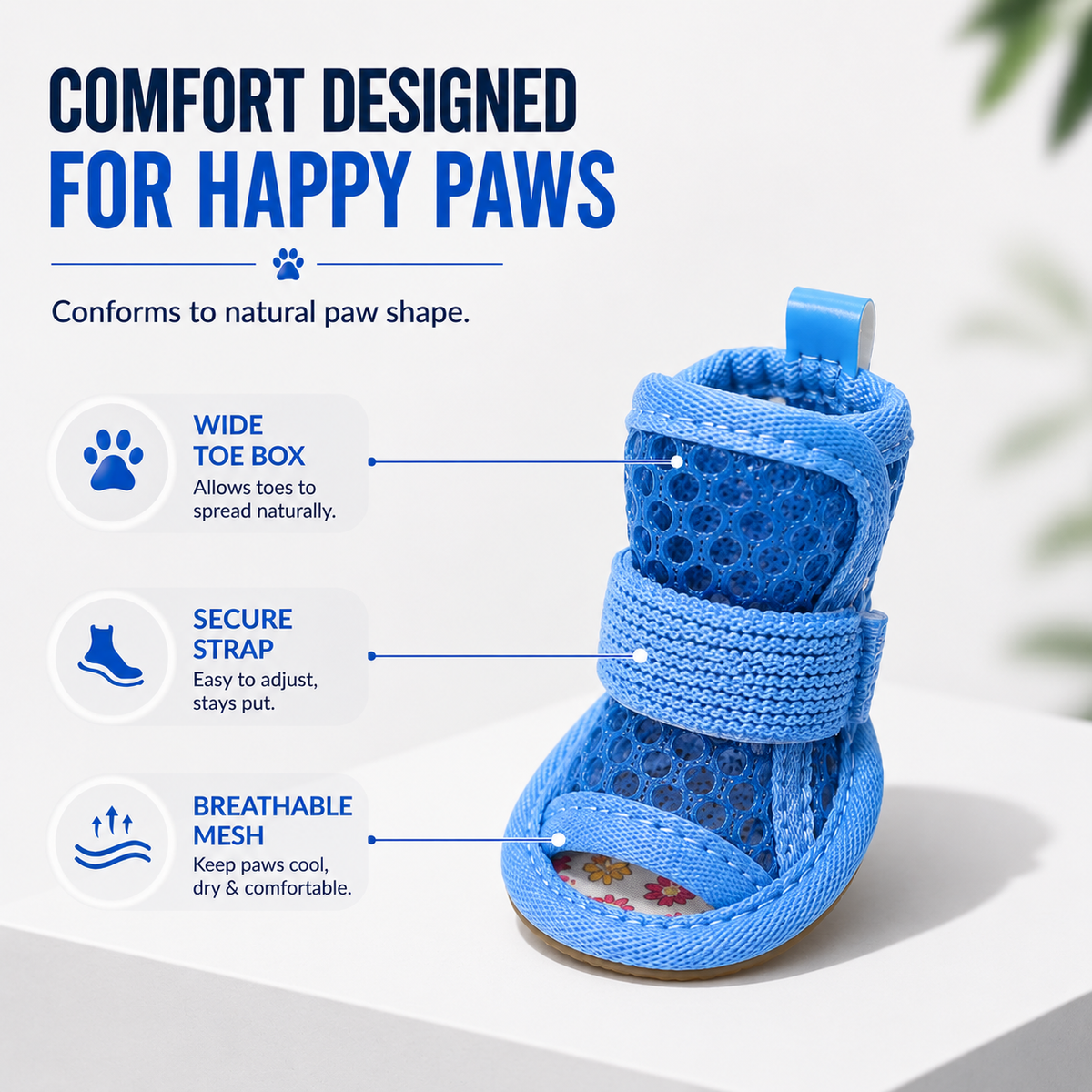 Close up of the blue Noblias mesh dog sandal showing the wide toe box, secure elastic strap and breathable mesh.
