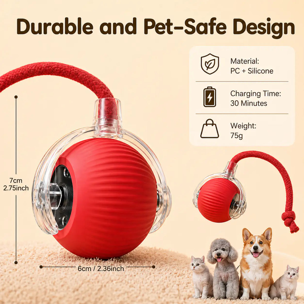 Spec panel for the motion activated rolling ball toy: PC and silicone, 30 minute charge, 75 g, 7 cm tall and 6 cm wide.