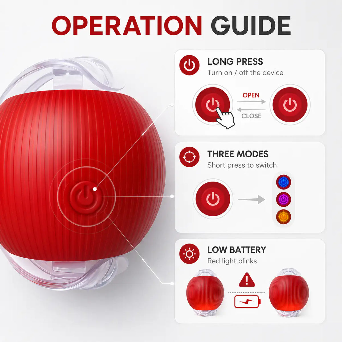 Operation guide for the motion activated rolling ball toy: long press to turn on or off, short press to switch between three modes, red light blinks when the battery is low.