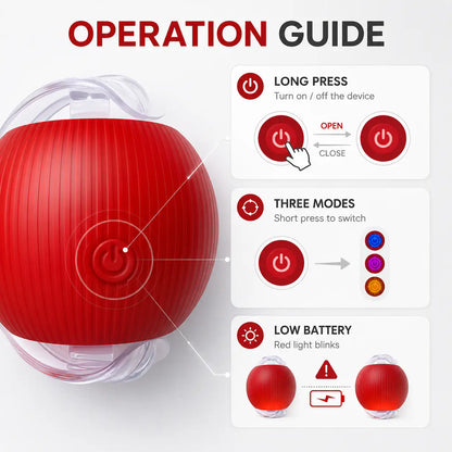 Operation guide for the motion activated rolling ball toy: long press to turn on or off, short press to switch between three modes, red light blinks when the battery is low.