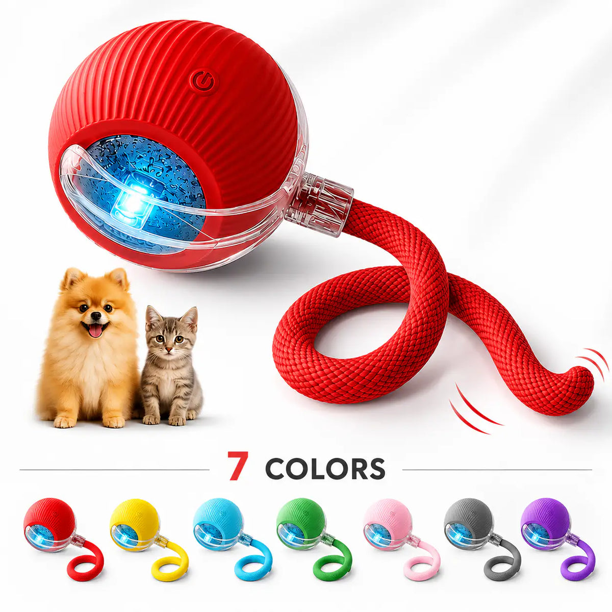 Red motion activated rolling ball toy with a blue LED and a red rope tail, with the seven color options shown below a pomeranian and a kitten.
