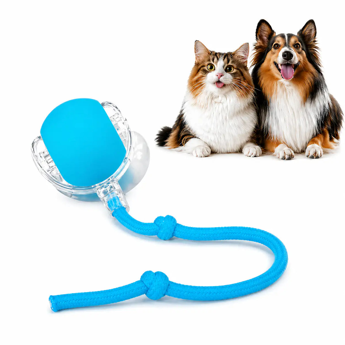 Tiffany blue motion activated rolling ball toy in its clear shell with a blue rope tail, beside a cat and a collie.