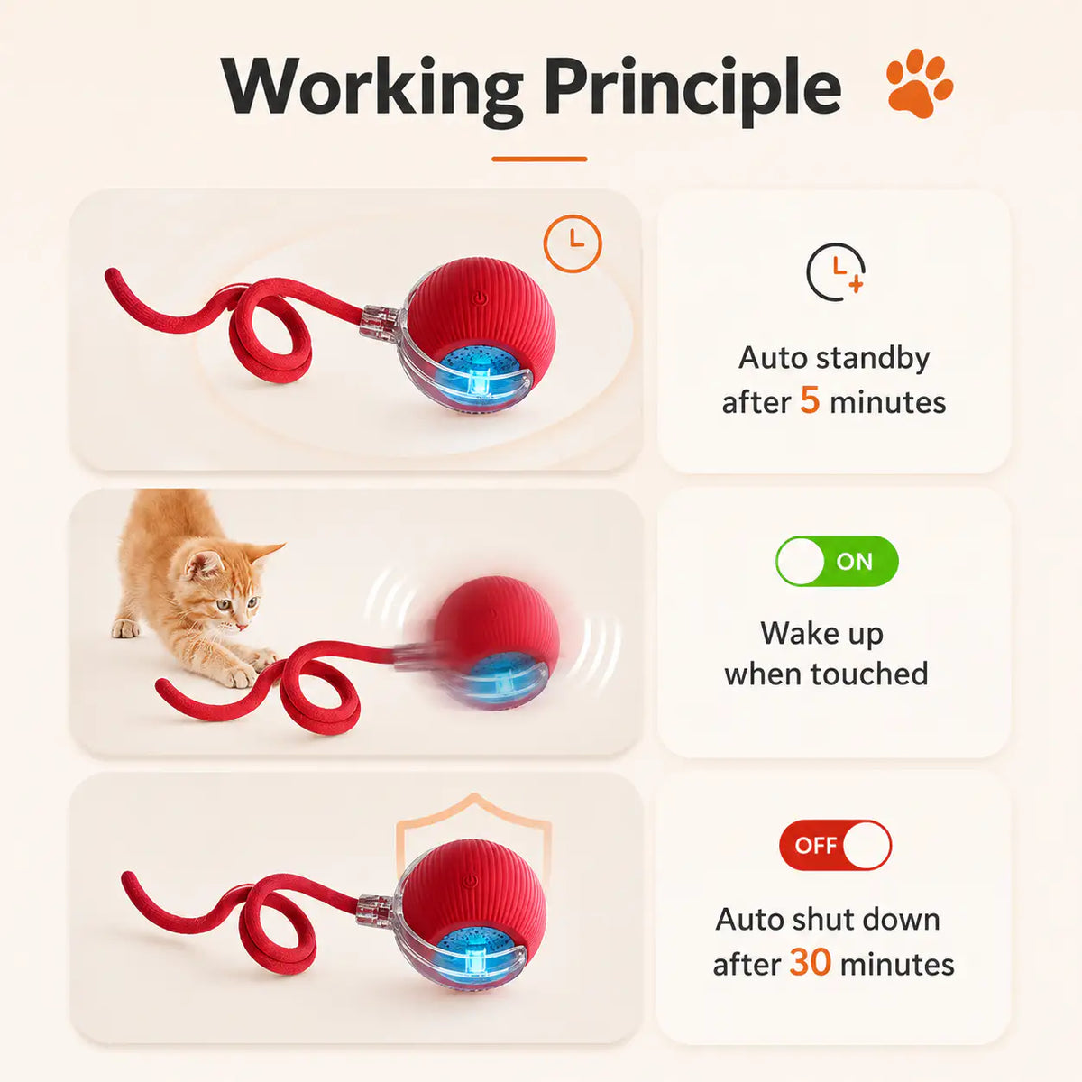 Working principle of the motion activated rolling ball toy: standby after five minutes, wakes when touched, shuts down after thirty minutes.