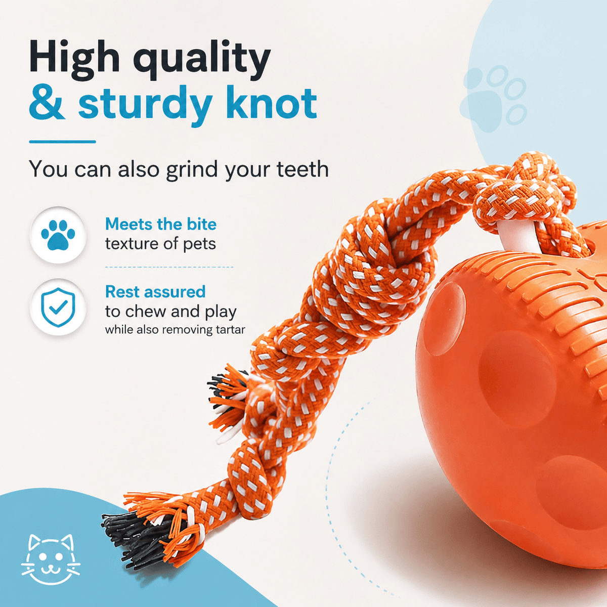 Close-up of the thick braided rope and its sturdy knot through the ball, made to be chewed and tugged while working at tartar