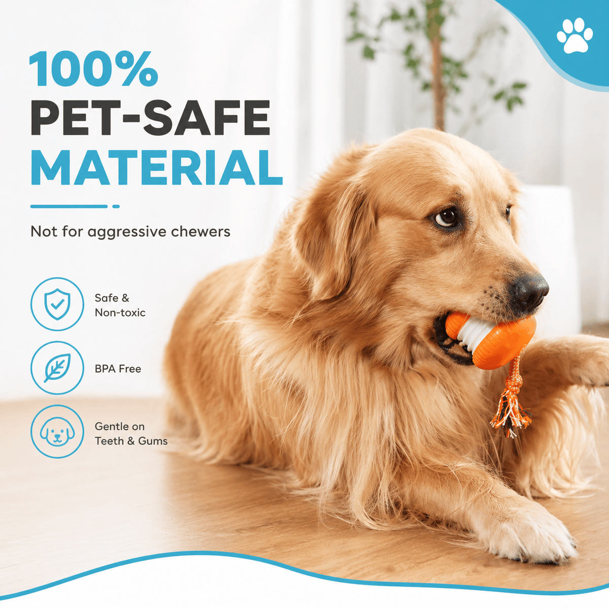 Golden Retriever mouthing the ball, labeled 100 percent pet-safe material, non-toxic, BPA free and gentle on teeth and gums