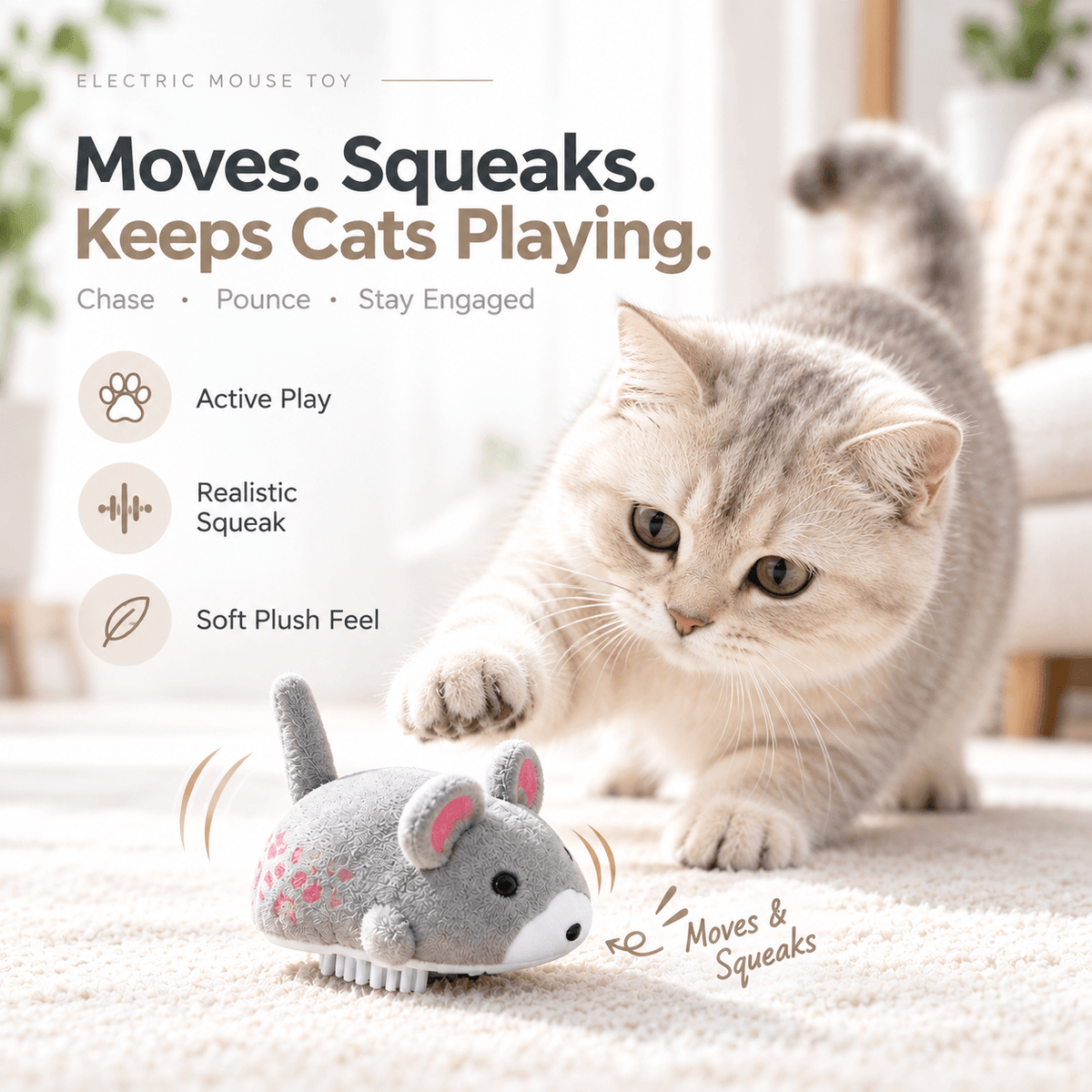 A gray tabby stretches a paw toward the gray mouse on a rug beside a list of its features.