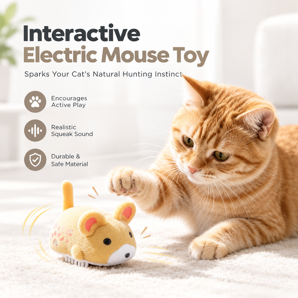 A ginger cat raises a paw over the yellow mouse as it moves across a rug.
