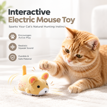 A ginger cat raises a paw over the yellow mouse as it moves across a rug.
