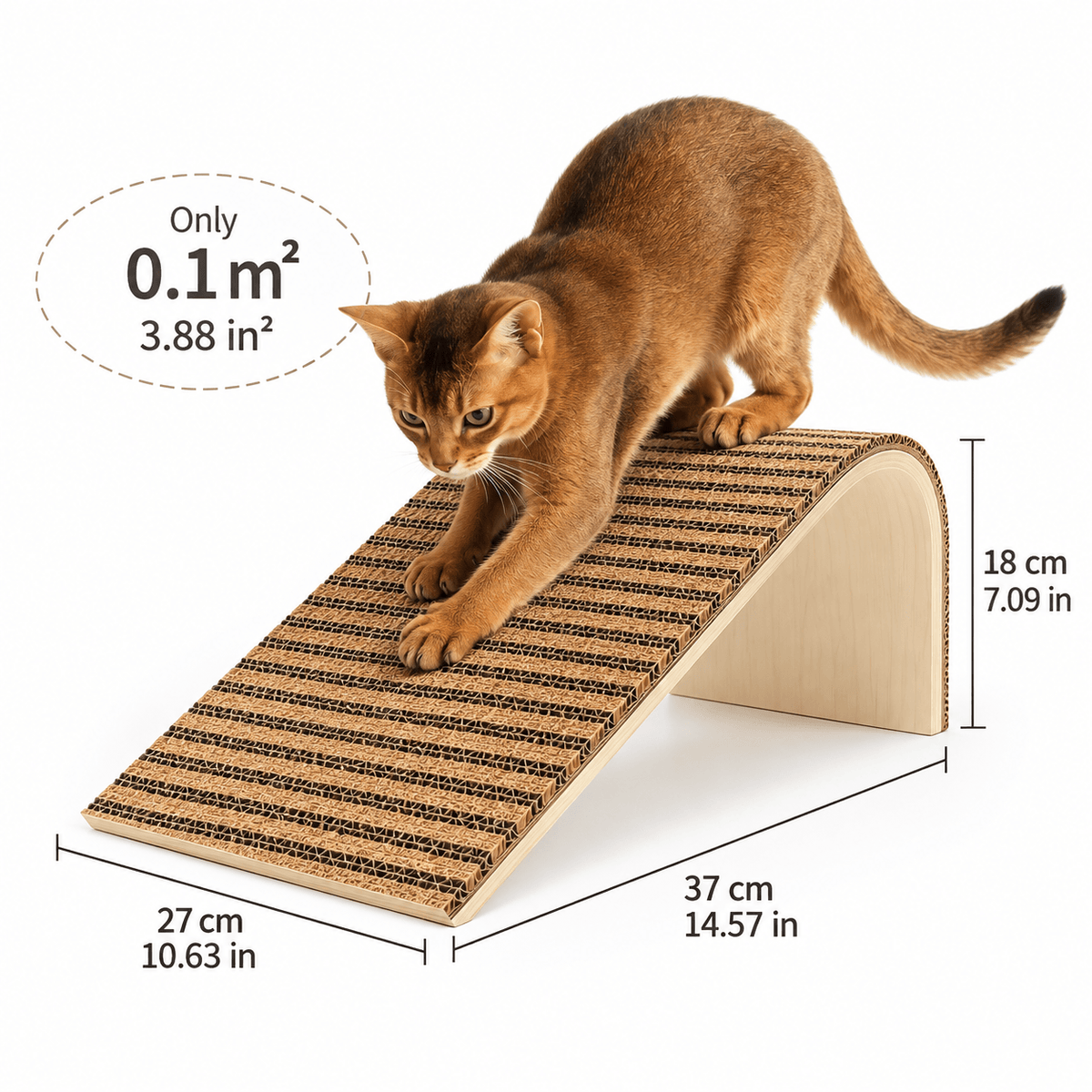 Dimensions of the natural cork cat scratcher ramp: 37 x 27 x 18 cm with a 0.1 square metre footprint.