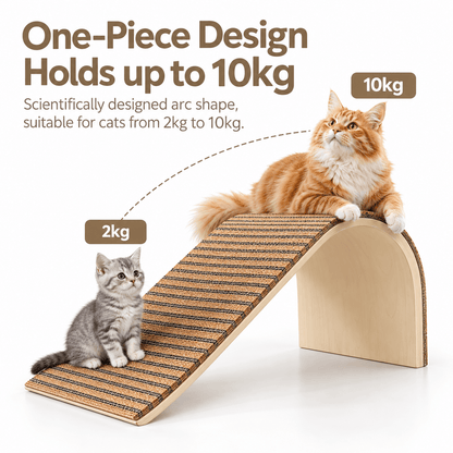 A kitten and an adult cat on the natural cork cat scratcher ramp, showing its one-piece arch that holds up to 10 kg.
