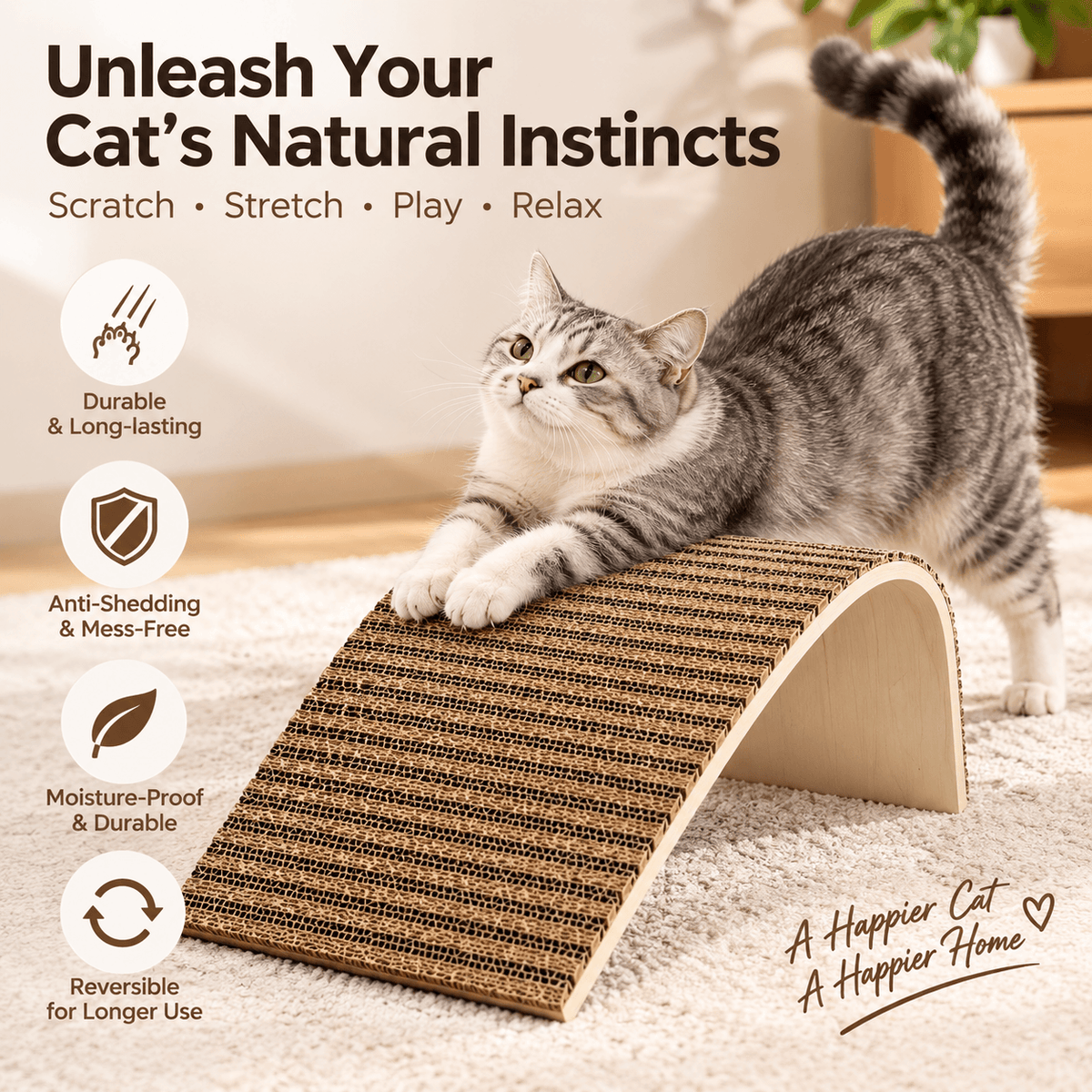 A grey tabby cat stretching on the natural cork cat scratcher ramp in a living room, with feature icons.