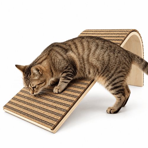 A tabby cat scratching on the natural cork cat scratcher ramp with its curved wooden base.
