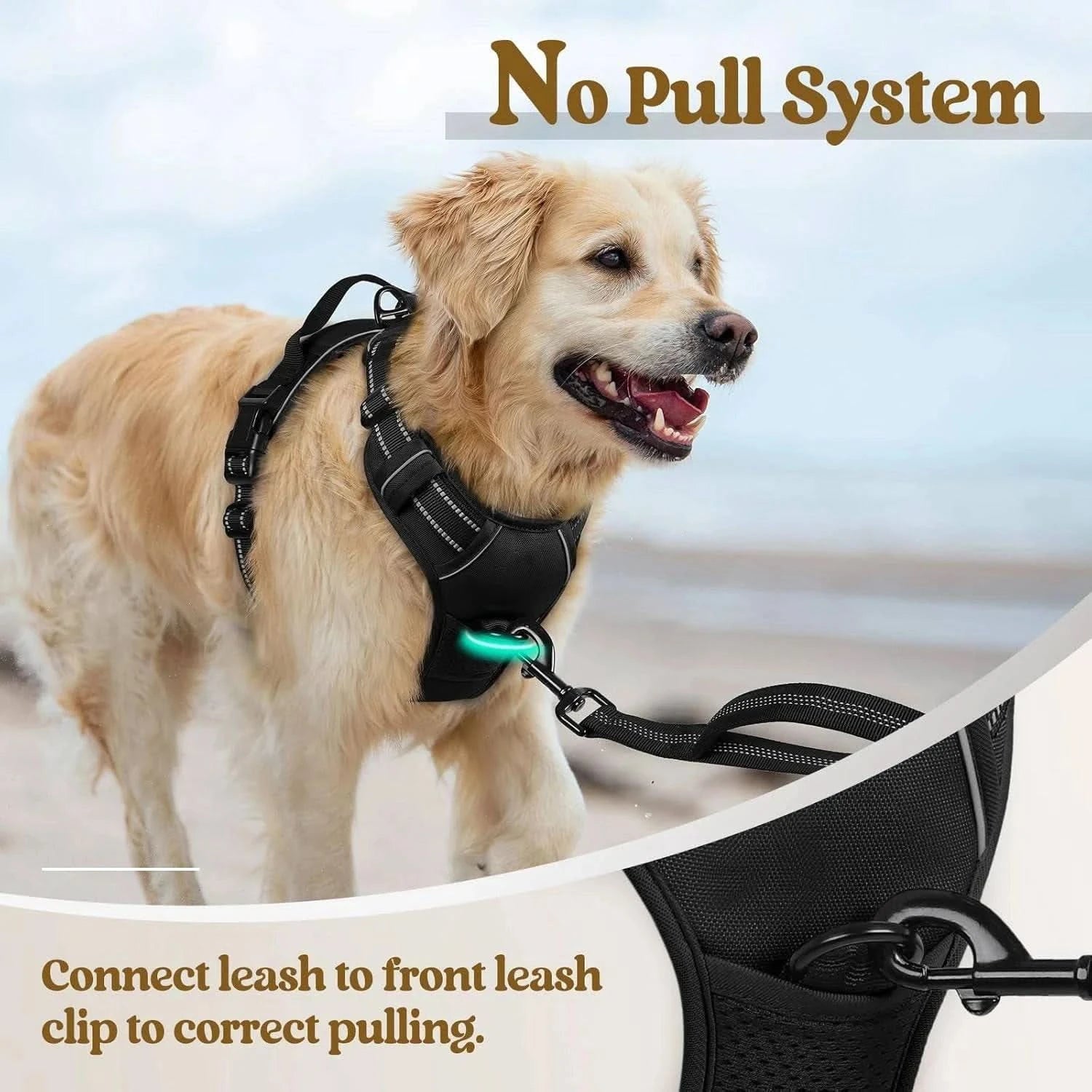 Noblias no-pull dog harness with adjustable fit, front leash clip, reflective safety vest, and handle for secure outdoor walks.